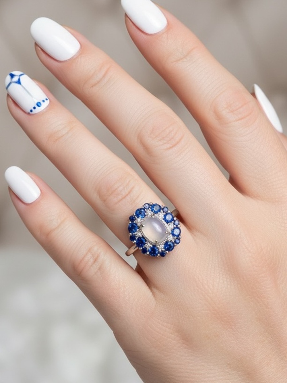 Bohemian Glamour Lab Moonstone Sapphire Blue Statement Ring Ethereal Fairy Bling